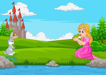 Fototapete - Cartoon a princess kissing a green frog