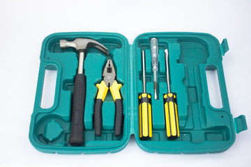 Closeup shot of green toolbox in white background