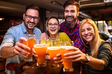 Wall Mural - Group of young friends in bar drinking beer toasting