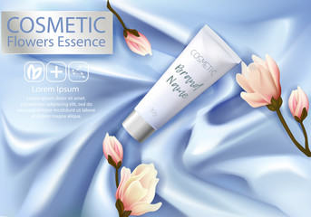Wall Mural - Cosmetic ads Design Template. Realistic tube cream and flowers magnolia on silk texture background. Beautiful Premium stock vector illustration. Package 3d design.
