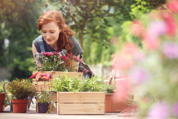 Girl smelling red flowers