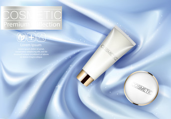 Wall Mural - Cosmetic ads Design Template. Realistic tube cream on silk texture background. Beautiful Premium stock vector illustration. Package 3d design.