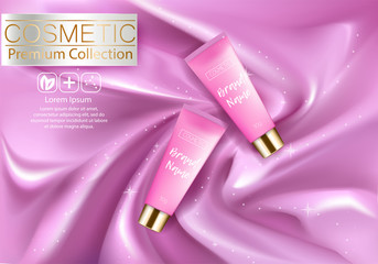 Wall Mural - Cosmetic ads Design Template. Realistic tube cream on silk texture background. Beautiful Premium stock vector illustration. Package 3d design.