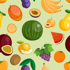 Wall Mural - vector fruits exotic apple, banana and papaya flat style illustration. Fresh fruity slices tropical dragonfruit or juicy orange fruitful seamless pattern background