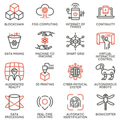 Vector set of 16 linear icons related to future innovation technology. Mono line pictograms and infographics design elements - part 2