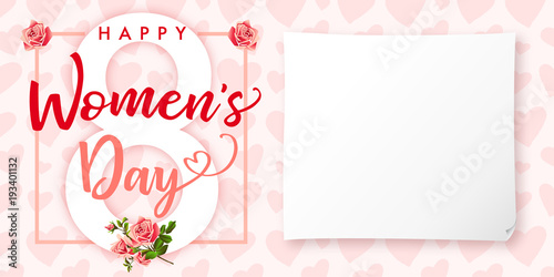 Happy Womens Day Rose Flower And Hearts Greeting Card Lettering Invitations For The International Women S Day 8 March With Text Roses Paper And Heart Buy This Stock Vector And Explore Similar