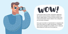 Vector Horizontal Banner With Funny Cute Colorful Funny Illustration Of Man Looking Through Binoculars