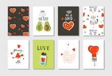Hand Drawn Vector Abstract Modern Cartoon Happy Valentines Day Concept Illustrations Cards Set Collectionwith Cute Cats,pizza,hearts,avocado And Handwritten Calligraphy Isolated On White Background