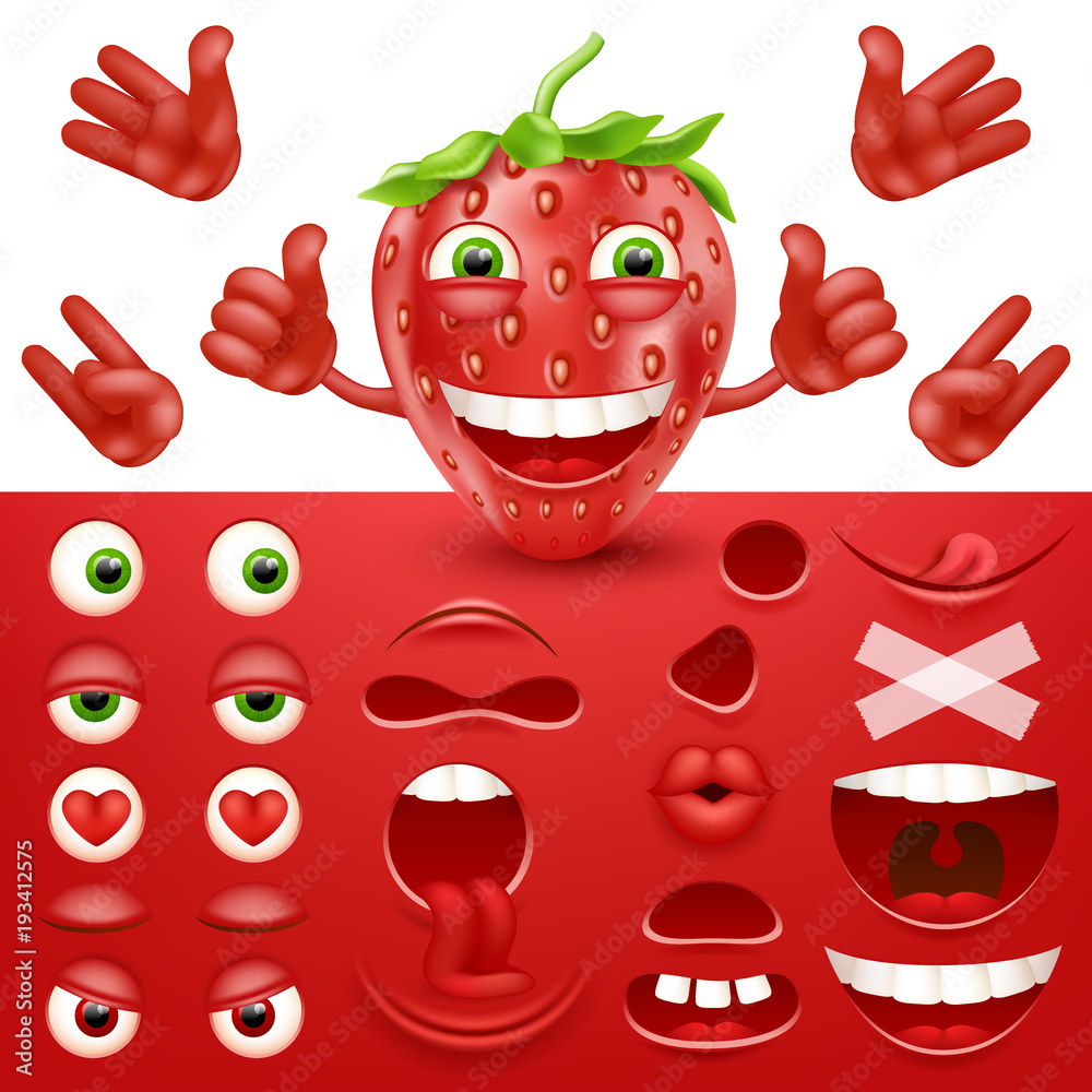Vektor Stok Cartoon strawberry 3d smiley face vector character creation ...