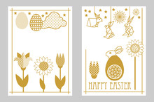 Happy Easter Cards Set With Rabbit, Blooming Tulips, Wildflowers And Ornate Eggs. 