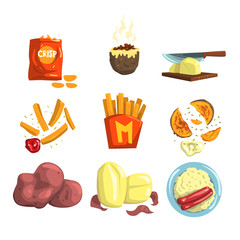 Wall Mural - Potato food dishes set, snacks and cooked potato products vector Illustrations