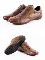 Male brown leather shoe on white background, isolated product, comfortable footwear.