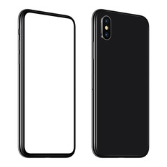 New black smartphone mockup front and back sides CCW rotated isolated on white background