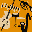 Jazz music festival poster with music instruments. Saxophone, piano, violoncello, trumpet and cymbals flat vector illustration. Jazz concert