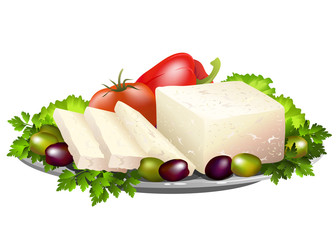 Feta cheese or brynza with fresh vegetables. Hand drawn vector illustration isolated on white background.