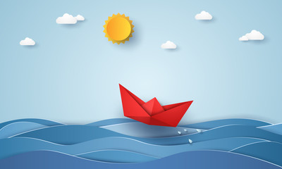 Wall Mural - Origami boat sailing in blue ocean , paper art style