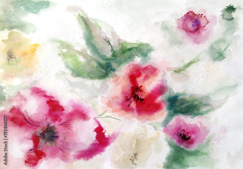 Foto-Schiebegardine Komplettsystem - red yellow and pink abstract flowers and leaves on a light background hand painted watercolor (von Tatyana)