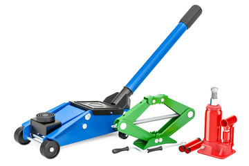Poster - Hydraulic floor jack, hydraulic bottle jack and scissor jack. 3D rendering