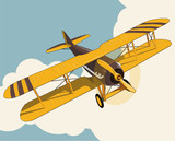 Yellow plane flying over sky with clouds in vintage color stylization. Old retro biplane designed for poster printing. Vector low poly airplane illustration. Banner layout. Model aircraft, two wings.