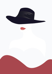 Poster - Image of a woman's face - red lips and black elegant hat - isolated on white background - vector art illustration