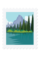 Wall Mural - Postage stamp - Nature - Mountains, river, forest - isolated on white background - vector art illustration.