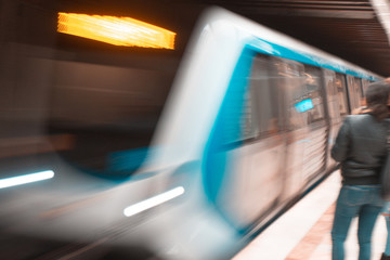 Metro speed subway fast european Bucharest public transport, metro nehimd strangers ,people . Motion speed blur means fast moving and being in time, not late, business concept .