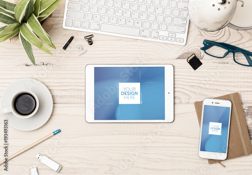 Download Top View Mockup of Tablet and Smartphone with Desk ...