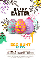 Easter Egg Hunt Party Vector Poster Design Template. 3d Decorative Egg On Watercolor Splashes Abstract Background. Concept For Banner, Flyer, Invitation, Greeting Card, Holiday Backgrounds.