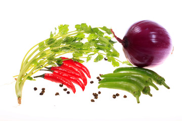 Poster - Red pepper, green chilli, peppercorns, coriander and onion, food background