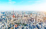 Fototapeta Miasta - Asia Business concept for real estate and corporate construction - panoramic modern city skyline bird eye aerial view of tokyo tower and odaiba under blue sky in Roppongi Hill, Tokyo, Japan