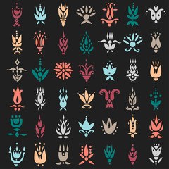 Poster - Vector set of decorative color flowers in ethnic style on a black background.