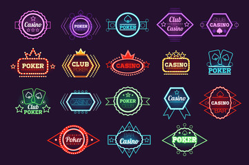 Canvas Print - Poker club and casino emblem set, neon light gambling sign vector Illustrations