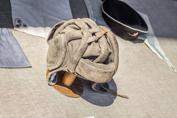 The old military tank helmet at the exhibition