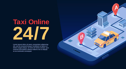 Fototapete - Taxi online vector illustration advertising poster of isometric car ride map on smartphone application. Taxi service design of yellow car and location or navigation city map for mobile internet app