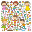 Spring. Easter. Little garden. Children play. Easter cake, bunny, rabbit. Boys and girls. Kindergarten or school spring vacation. Butterfly, bee and flowers. Vector doodle image