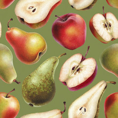 Wall Mural - Seamless pattern with watercolor illustrations of apples and pears