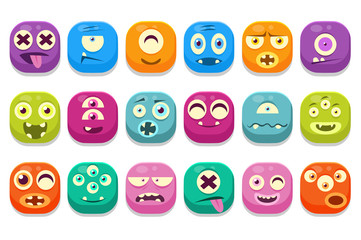 Wall Mural - Colorful buttons emoticons sett with different emotions vector Illustrations, funny emoji monsters characters for site, animation, websites, messages, chats, video