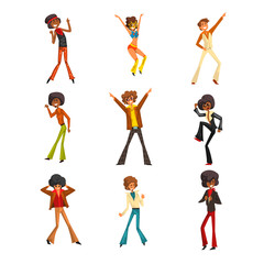 Canvas Print - Male dancer moving body at music party, retro disco dancers sett of vector Illustrations on a white background