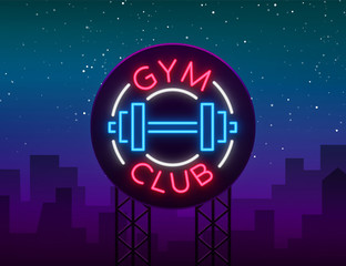 Logotype gym sign in neon style isolated vector illustration. A glowing sign, a nightly bright neon advertisement of the gym, fitness club, sports club and for your other projects. Billboard