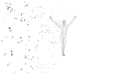 Poster - Conceptual abstract man with hands pointing up. Connected lines, dots, triangles, particles on white background. Artificial intelligence concept. High technology vector digital background.