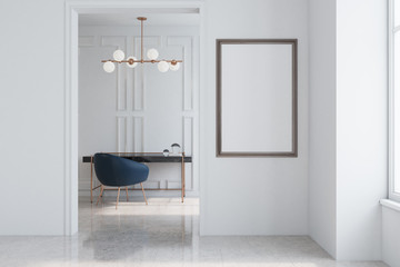 Poster - White home office, dark blue armchair, poster