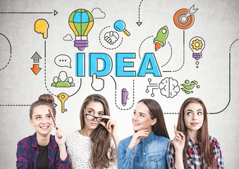 Poster - four teen girls thinking together, idea
