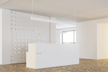 White pattern wall office, reception desk side