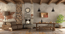 Living Room With Fireplace In Rustic Style