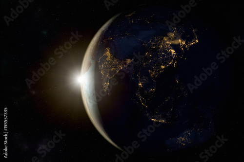 Cuadros en Lienzo 3D rendering of a sunrise on earth from space
