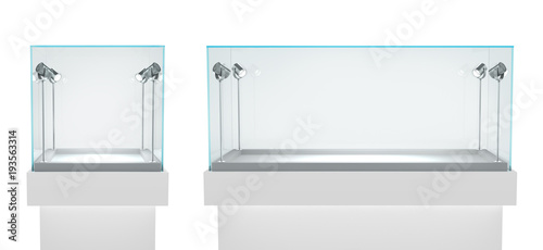 Cuadros en Lienzo Set of empty glass showcases in cube form for presentation on white background
