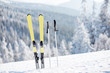 Skis with sticks on the snowy mountains with frozen forest on the background