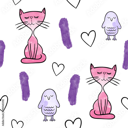 Photo Watercolor seamless pattern vector / background. Cute cat
