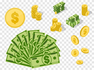 Wall Mural - Money set. Coins and banknotes isolated. Vector success concept