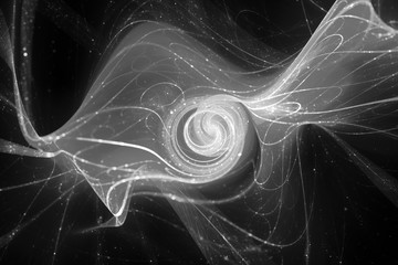 Futuristic glowing spiral with particles and trajectories black and white texture